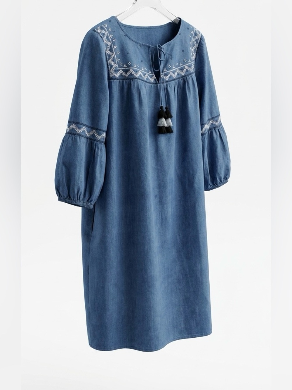 Westport 100%cotton Boho Embroidered Chambray Denim Dress Tassel Shift Peasant